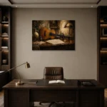 Vintage Acoustic Guitar Still Life Wall Art Canvas Print displayed in a contemporary gallery-inspired room