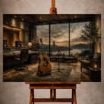 Modern Guitar Wall Art print featuring an acoustic guitar in a contemporary studio with evening views for elegant interiors