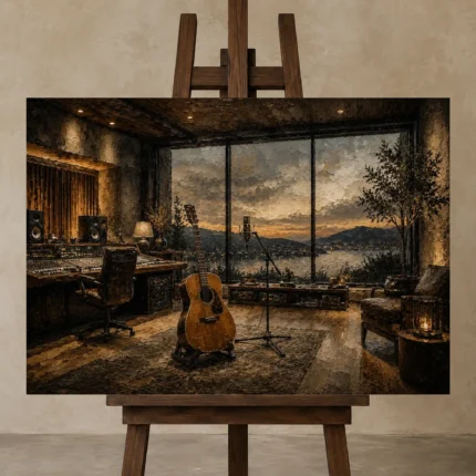 Contemporary Studio Guitar Wall Art Canvas Print shown in Studio Easel