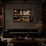 Contemporary Studio Guitar Wall Art Canvas Print shown in a warm modern interior
