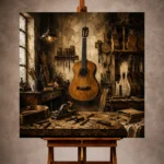 Warm brown Guitar Wall Art print featuring a handcrafted classical guitar in a luthier workshop for elegant interiors