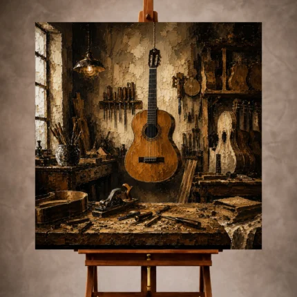 Warm brown Guitar Wall Art print featuring a handcrafted classical guitar in a luthier workshop for elegant interiors