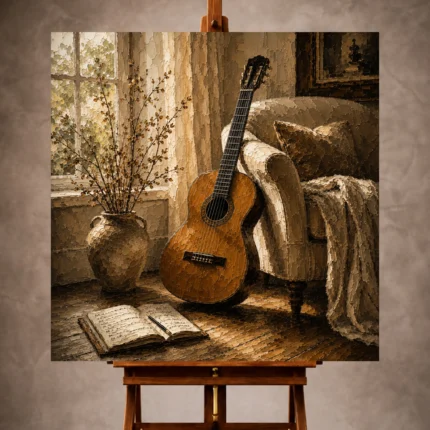 Neutral Guitar Wall Art print featuring an acoustic guitar beside a linen chair in a sunlit interior for elegant interiors