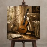 Serene Acoustic Guitar Wall Art Canvas Print displayed on a studio easel