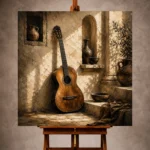 Warm stone Guitar Wall Art print featuring an antique acoustic guitar against a textured limestone wall for elegant interiors