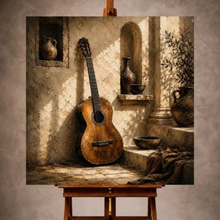 Warm stone Guitar Wall Art print featuring an antique acoustic guitar against a textured limestone wall for elegant interiors