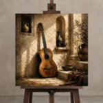Antique Acoustic Guitar Wall Art Canvas Print displayed on a studio easel