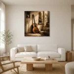 Antique Acoustic Guitar Wall Art Canvas Print styled in a refined neutral interior