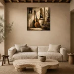 Antique Acoustic Guitar Wall Art Canvas Print presented in a sophisticated home setting