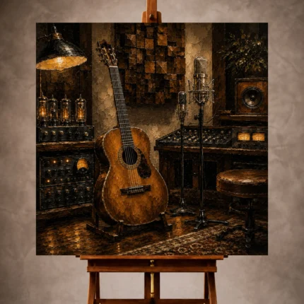 Dark brown Guitar Wall Art print featuring an acoustic guitar in a luxury recording studio for elegant interiors