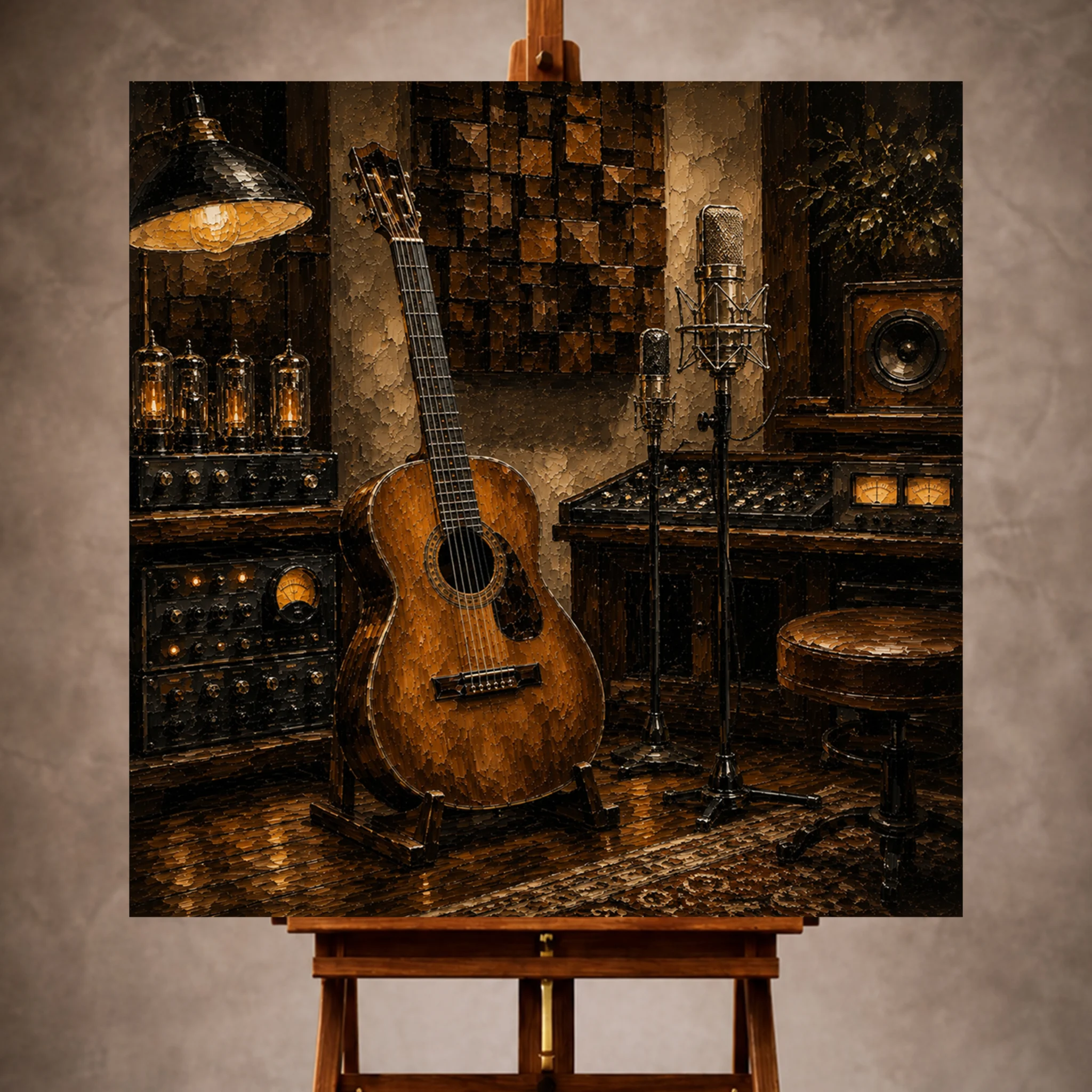 Premium Wall Art Kare Html Edition – Music064 Image 1 Dark brown Guitar Wall Art print featuring an acoustic guitar in a luxury recording studio for elegant interiors