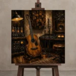Premium Recording Studio Guitar Wall Art Canvas Print displayed on a studio easel