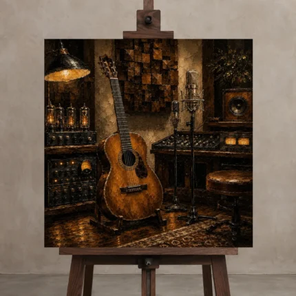 Premium Recording Studio Guitar Wall Art Canvas Print displayed on a studio easel