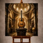Antique gold Guitar Wall Art print featuring a classical guitar on a carved pedestal in elegant architecture for interiors