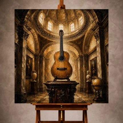 Antique gold Guitar Wall Art print featuring a classical guitar on a carved pedestal in elegant architecture for interiors