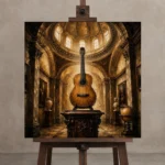 Classical Guitar Pedestal Wall Art Canvas Print displayed on a studio easel