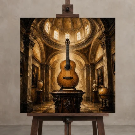 Classical Guitar Pedestal Wall Art Canvas Print shown in Studio Easel