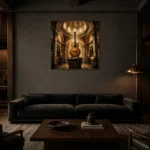 Classical Guitar Pedestal Wall Art Canvas Print shown in a warm modern interior