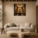 Classical Guitar Pedestal Wall Art Canvas Print presented in a sophisticated home setting