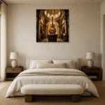 Classical Guitar Pedestal Wall Art Canvas Print showcased in an elegant minimalist interior
