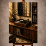 Warm vintage Vinyl Record Wall Art print featuring a classic turntable and vinyl record for elegant interiors