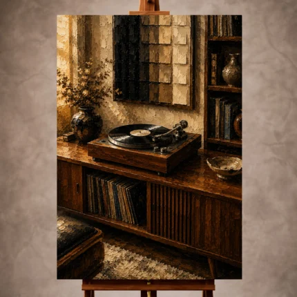 Warm vintage Vinyl Record Wall Art print featuring a classic turntable and vinyl record for elegant interiors