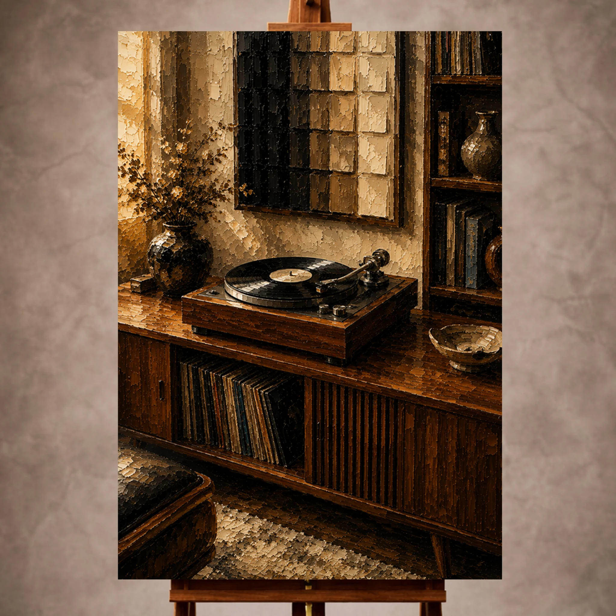 Premium Wall Art Dikey Html Edition – Music066 Image 1 Warm vintage Vinyl Record Wall Art print featuring a classic turntable and vinyl record for elegant interiors