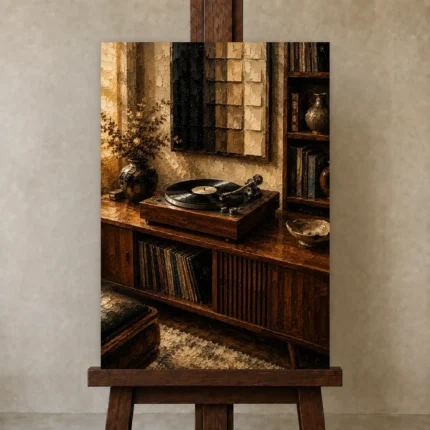 Warm Walnut Vintage Vinyl Record Wall Art Canvas Print shown in Studio Easel