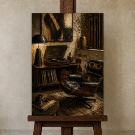 Elegant Vintage Vinyl Record Wall Art Canvas Print shown in Studio Easel
