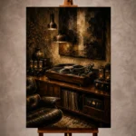 Luxury Vinyl Record Wall Art print featuring a vintage turntable and walnut cabinet for elegant interiors