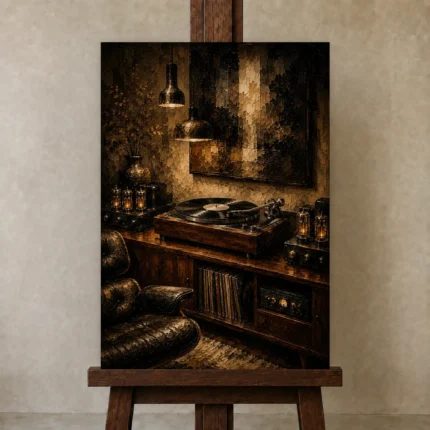 Luxury Walnut Vinyl Record Wall Art Canvas Print shown in Studio Easel