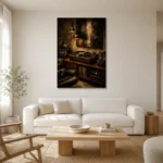 Luxury Walnut Vinyl Record Wall Art Canvas Print styled in a refined neutral interior