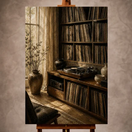 Quiet luxury Vinyl Record Wall Art print featuring vinyl collections and handcrafted turntable for elegant interiors