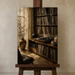 Quiet Luxury Vinyl Record Wall Art Canvas Print displayed on a studio easel