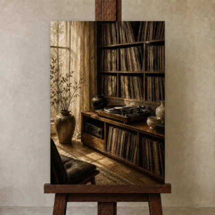 Quiet Luxury Vinyl Record Wall Art Canvas Print shown in Studio Easel