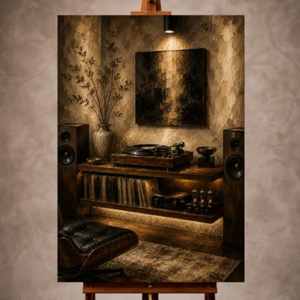 Contemporary Vinyl Record Wall Art print featuring an audiophile retreat with record player and speakers for elegant interiors
