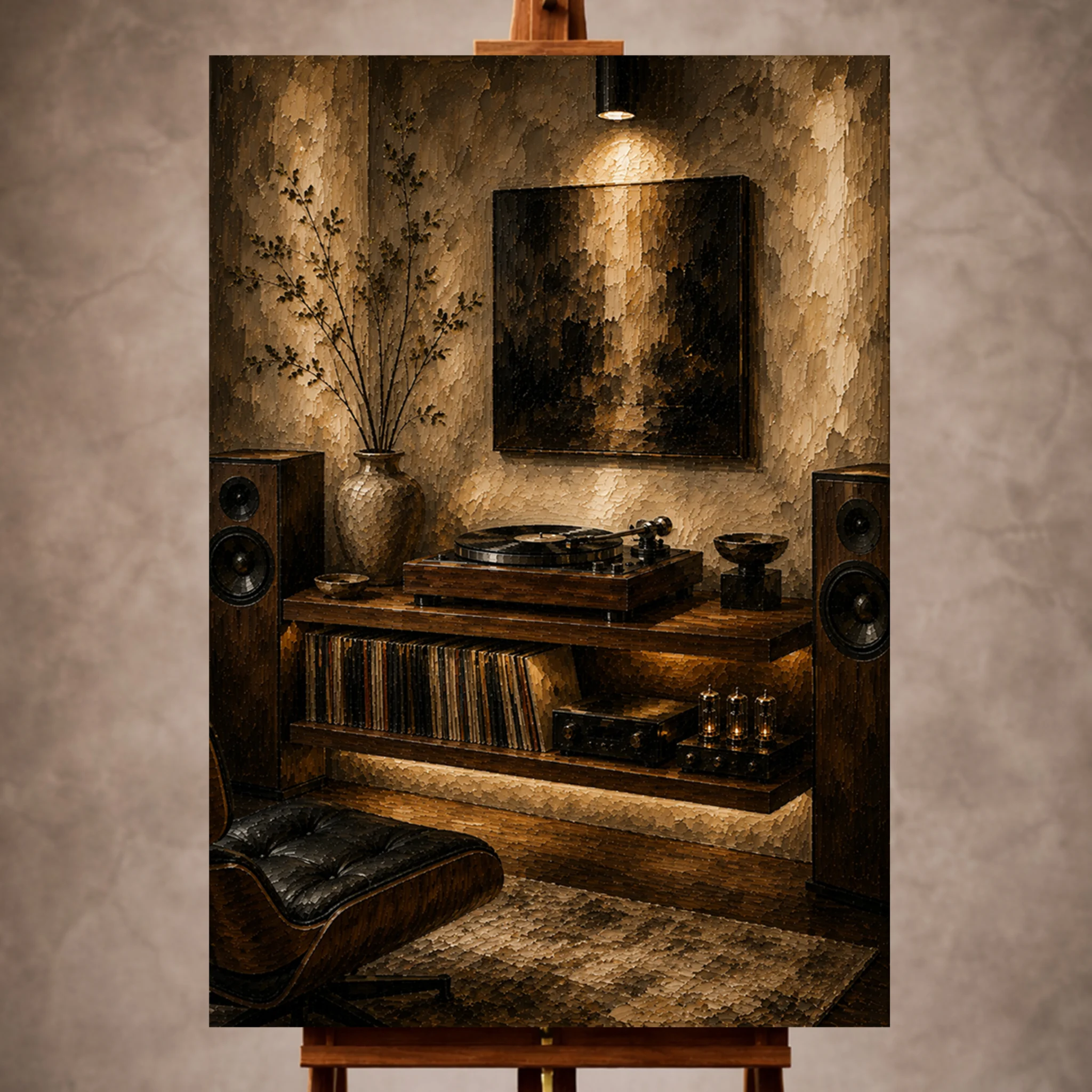 Premium Wall Art Dikey Html Edition – Music070 Image 1 Contemporary Vinyl Record Wall Art print featuring an audiophile retreat with record player and speakers for elegant interiors