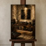 Contemporary Audiophile Vinyl Record Wall Art Canvas Print displayed on a studio easel