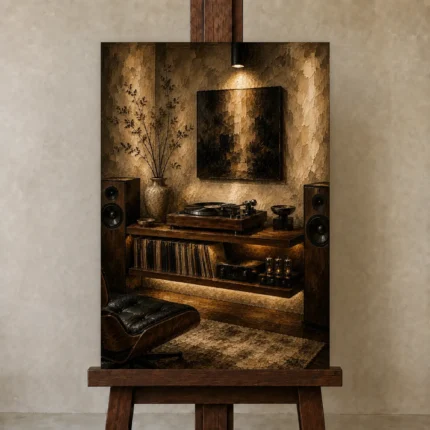 Contemporary Audiophile Vinyl Record Wall Art Canvas Print shown in Studio Easel