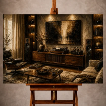 Panoramic Vinyl Record Wall Art print featuring a vintage listening lounge with walnut turntable for elegant interiors