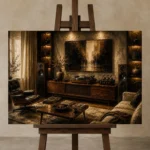 Panoramic Vintage Vinyl Record Wall Art Canvas Print displayed on a studio easel
