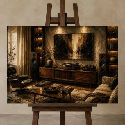 Panoramic Vintage Vinyl Record Wall Art Canvas Print displayed on a studio easel