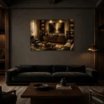 Panoramic Vintage Vinyl Record Wall Art Canvas Print shown in a warm modern interior