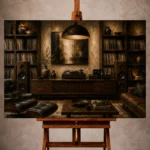 Refined Vinyl Record Wall Art print featuring a collector’s room with walnut shelves and turntable for elegant interiors