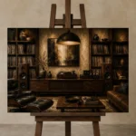 Collector’s Walnut Vinyl Record Wall Art Canvas Print displayed on a studio easel