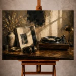 Refined Vinyl Record Wall Art print featuring a turntable, vinyl sleeve, and vintage headphones for elegant interiors