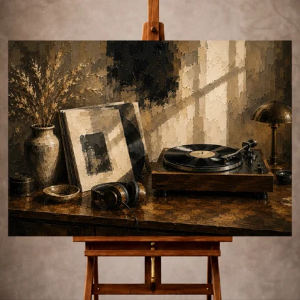 Refined Vinyl Record Wall Art print featuring a turntable, vinyl sleeve, and vintage headphones for elegant interiors