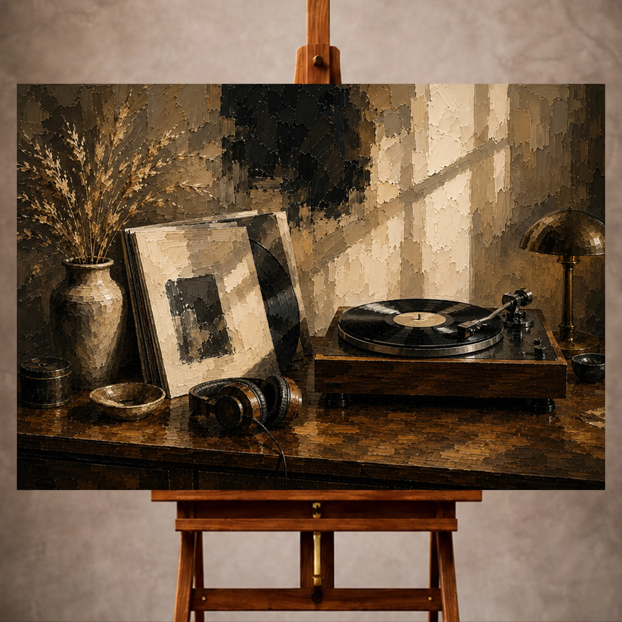 Premium Wall Art Yatay Html Edition – Music073 Image 1 Refined Vinyl Record Wall Art print featuring a turntable, vinyl sleeve, and vintage headphones for elegant interiors