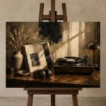Refined Vintage Vinyl Record Wall Art Canvas Print displayed on a studio easel