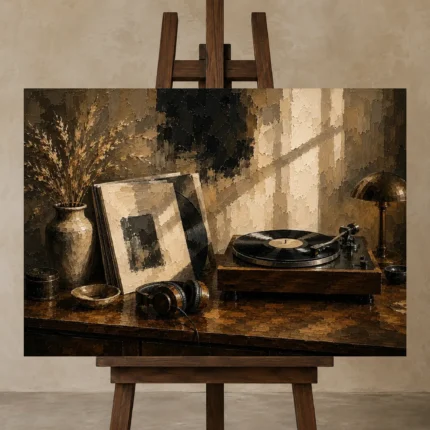 Refined Vintage Vinyl Record Wall Art Canvas Print displayed on a studio easel